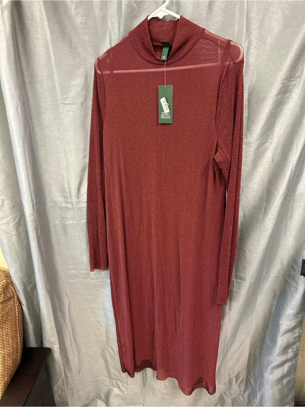 Holiday Fall Shimmer Turtleneck Long Sleeve Dress - Wine Red